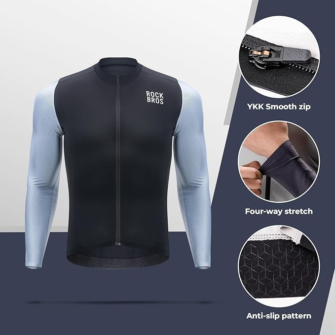 ROCKBROS langærmet cykeltrøje herre cykeltrøje Åndbar hurtigtørrende cykeltøj Lynlås med 3 lommer T-shirt til mænd landevejscykel MTB europæisk str.