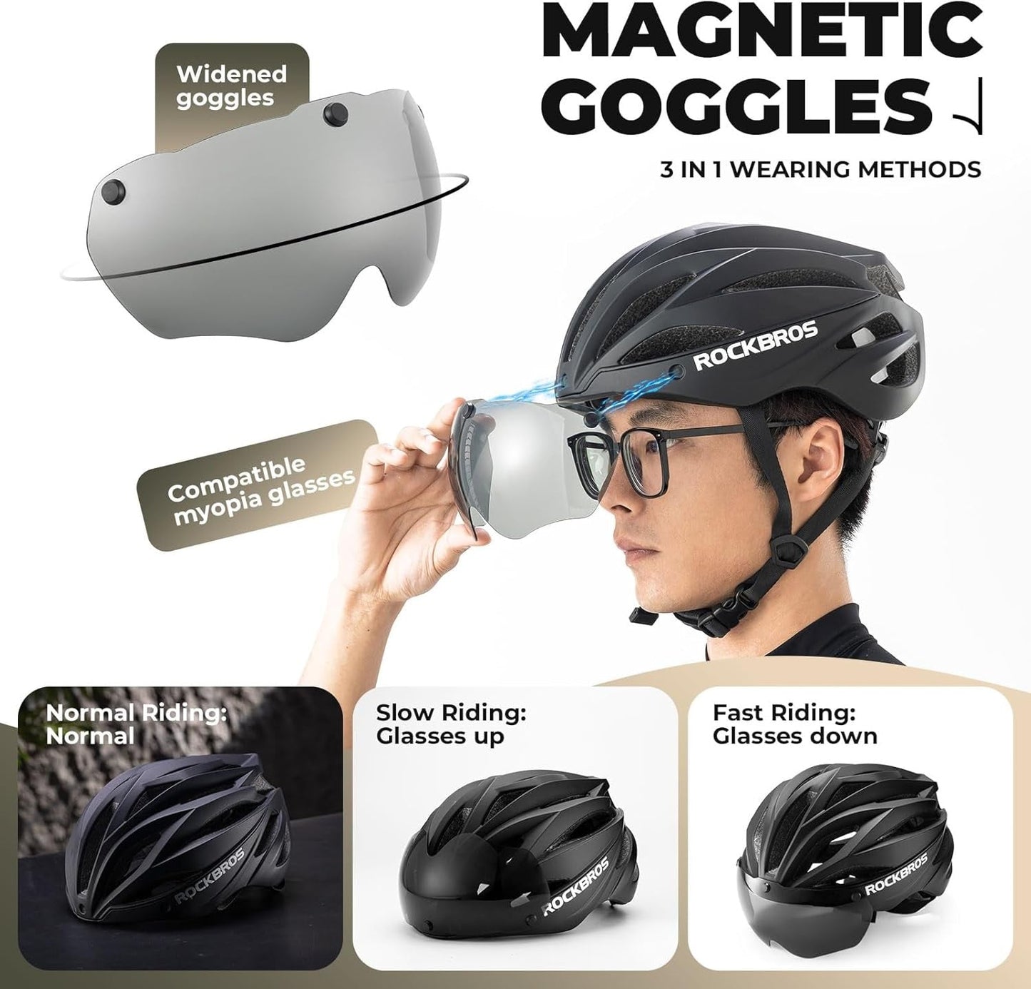 ROCKBROS voksen cykelhjelm med visir Magnetisk aftagelig åndbar justerbar til mænd og kvinder 58-62 cm