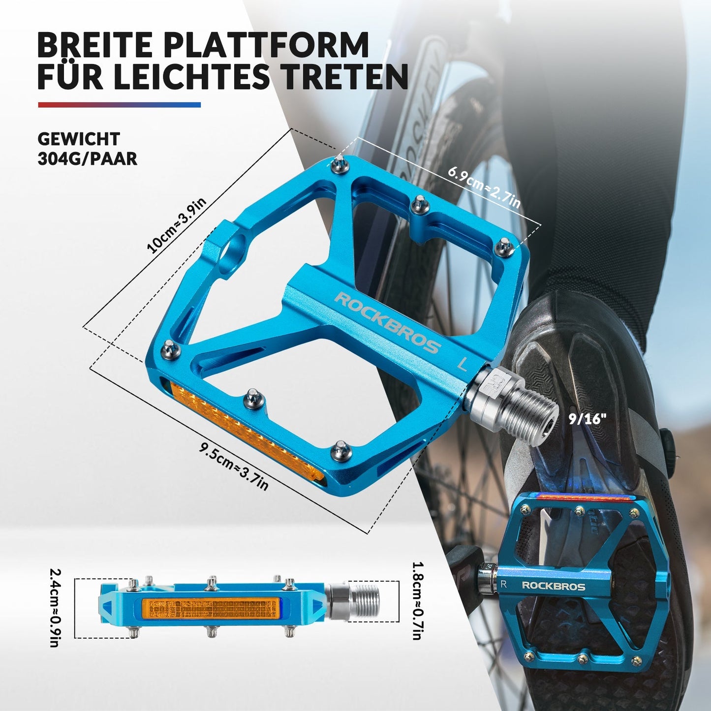 Cykelpedaler med reflekser, lavet af aluminiumslegering, 9/16 tommer, ROCKBROS