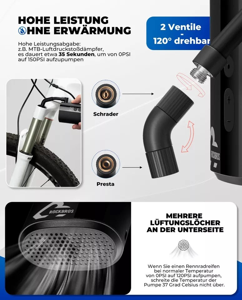ROCKBROS Cykelpumpe Bærbar Pumpe Elektrisk Luftpumpe 5000mAh 150PSI 380g