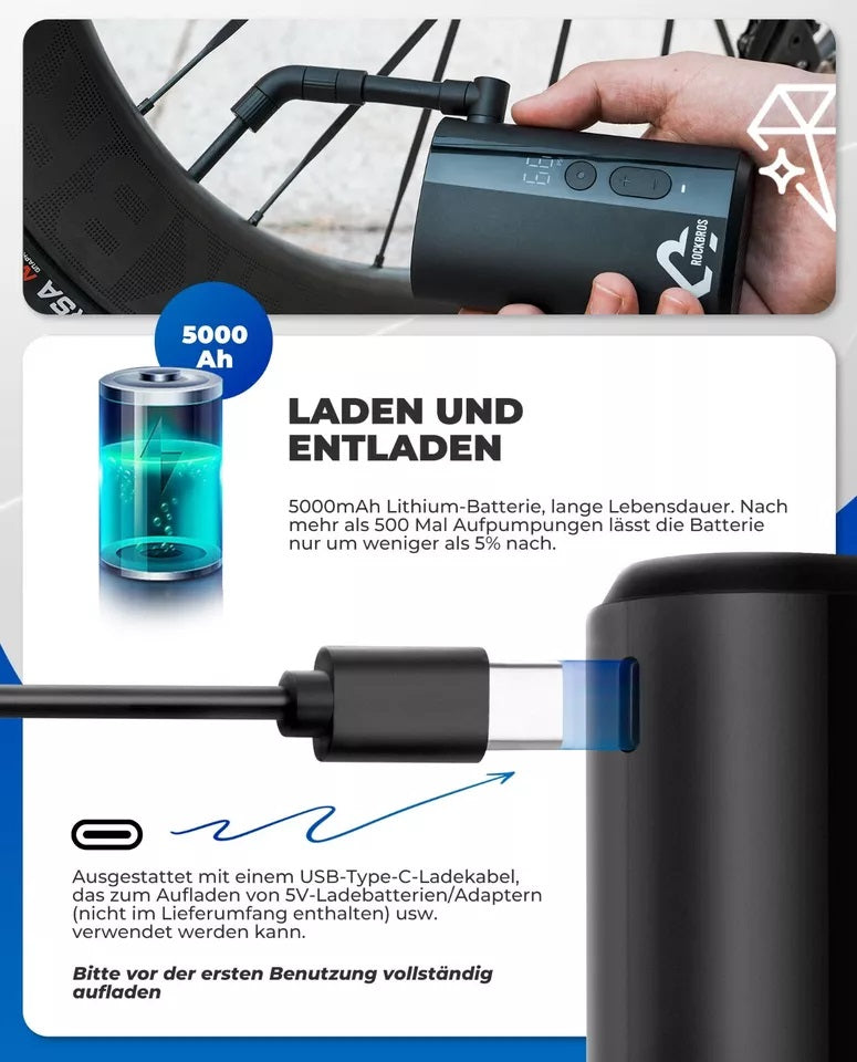 ROCKBROS Cykelpumpe Bærbar Pumpe Elektrisk Luftpumpe 5000mAh 150PSI 380g