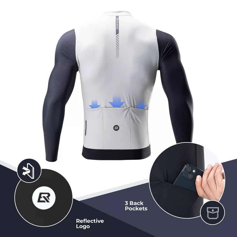 ROCKBROS langærmet cykeltrøje herre cykeltrøje Åndbar hurtigtørrende cykeltøj Lynlås med 3 lommer T-shirt til mænd landevejscykel MTB europæisk str.