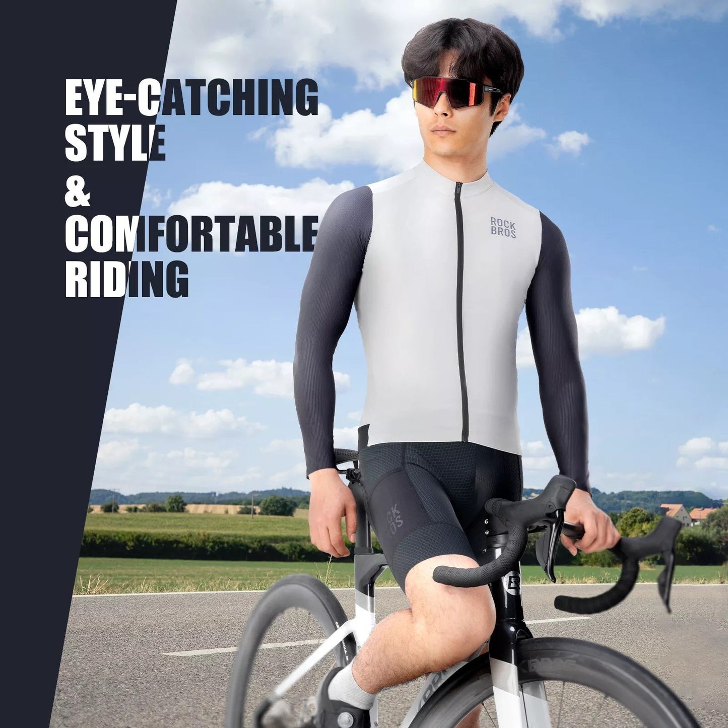 ROCKBROS langærmet cykeltrøje herre cykeltrøje Åndbar hurtigtørrende cykeltøj Lynlås med 3 lommer T-shirt til mænd landevejscykel MTB europæisk str.