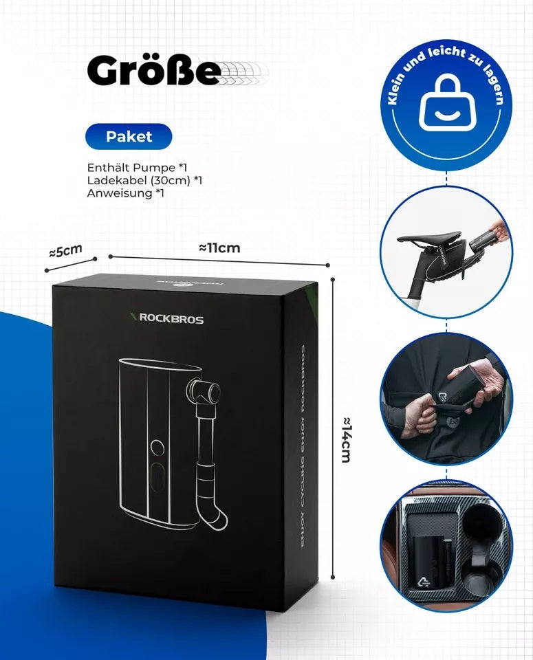 ROCKBROS Cykelpumpe Bærbar Pumpe Elektrisk Luftpumpe 5000mAh 150PSI 380g