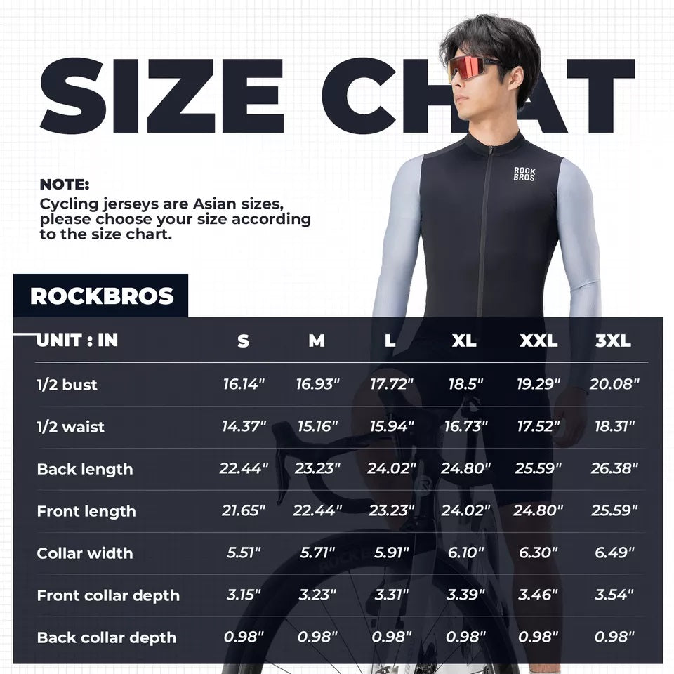 ROCKBROS langærmet cykeltrøje herre cykeltrøje Åndbar hurtigtørrende cykeltøj Lynlås med 3 lommer T-shirt til mænd landevejscykel MTB europæisk str.
