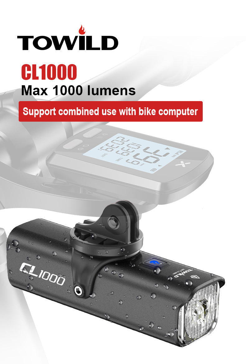 TOWILD CL1000 cykellygte til natkørsel Kompatibel med Garmin/GoPro Mount 1000 Lumen Bright cykellygte 4000mAh batteri Vandtæt cykellygte til pendlere