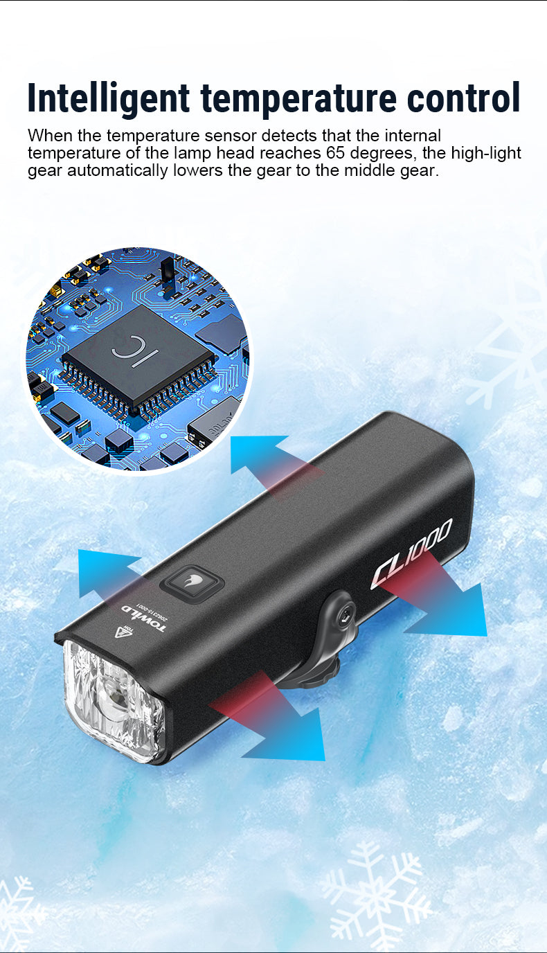 TOWILD CL1000 cykellygte til natkørsel Kompatibel med Garmin/GoPro Mount 1000 Lumen Bright cykellygte 4000mAh batteri Vandtæt cykellygte til pendlere