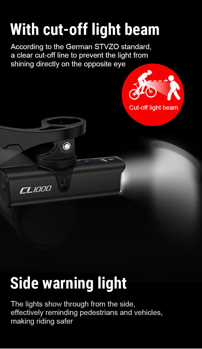 TOWILD CL1000 cykellygte til natkørsel Kompatibel med Garmin/GoPro Mount 1000 Lumen Bright cykellygte 4000mAh batteri Vandtæt cykellygte til pendlere