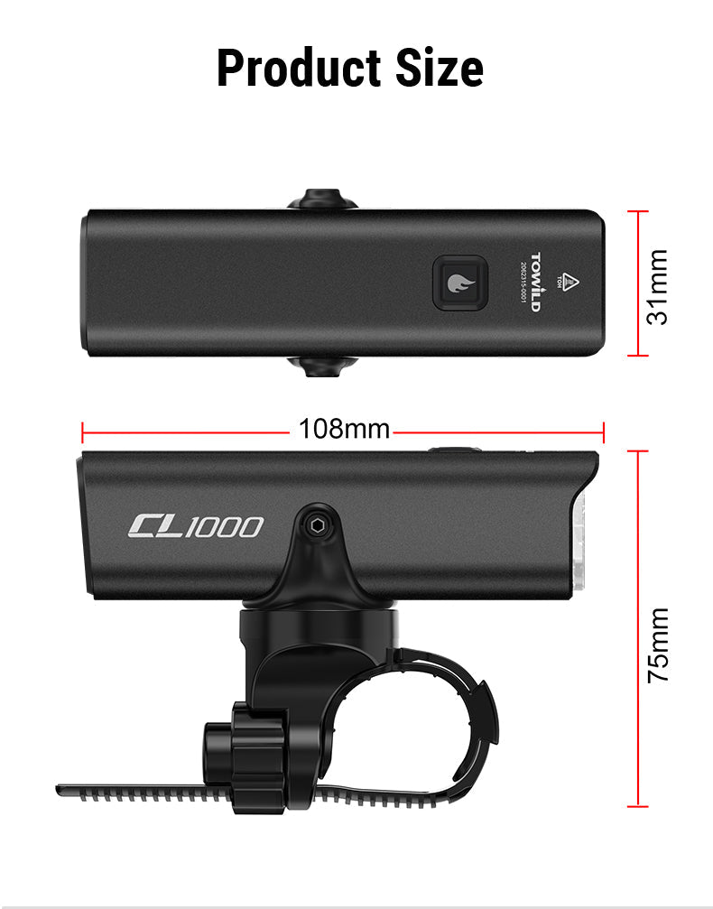 TOWILD CL1000 cykellygte til natkørsel Kompatibel med Garmin/GoPro Mount 1000 Lumen Bright cykellygte 4000mAh batteri Vandtæt cykellygte til pendlere