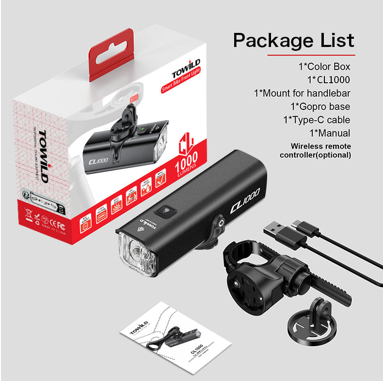 TOWILD CL1000 cykellygte til natkørsel Kompatibel med Garmin/GoPro Mount 1000 Lumen Bright cykellygte 4000mAh batteri Vandtæt cykellygte til pendlere
