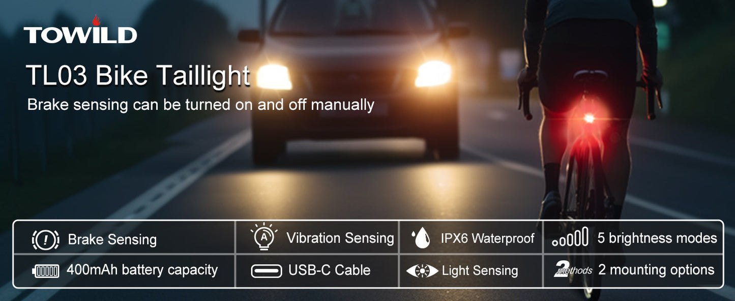 TOWILD TL03 Cykelbaglygte Bremse Auto Sensing Cykelbaglygte USB Genopladelig baglygte IPX7 Vandtæt 3 sikkerhedstilstande Ultralys til natsikkerhedskørsel
