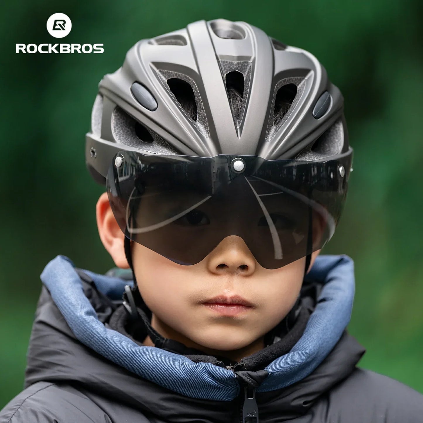 Børnecykelhjelm med integrerede, aftagelige magnetiske beskyttelsesbriller og visir ROCKBROS