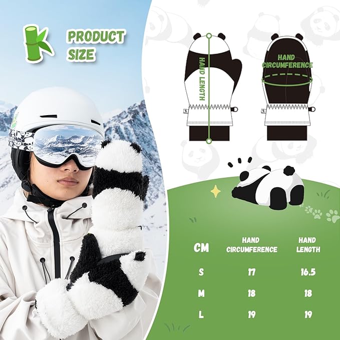 Qunature Ski Handsker Panda Design Handsker til børn i alderen 4-12 Varme termiske vindtætte fleecehandsker Ideel til vinteraktiviteter såsom skiløb Snowboarding Skøjteløb