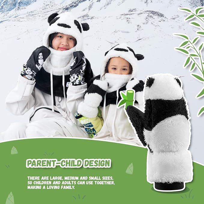 Qunature Ski Handsker Panda Design Handsker til børn i alderen 4-12 Varme termiske vindtætte fleecehandsker Ideel til vinteraktiviteter såsom skiløb Snowboarding Skøjteløb