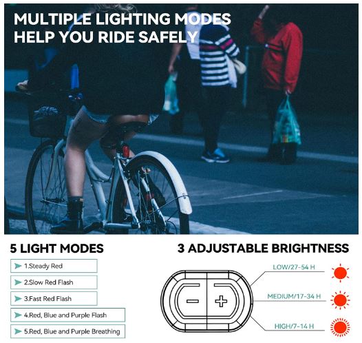 ROCKBROS LED Vandtæt IPX6 USB genopladelig Lyst rødt lys med 5 faste og blinkende tilstande