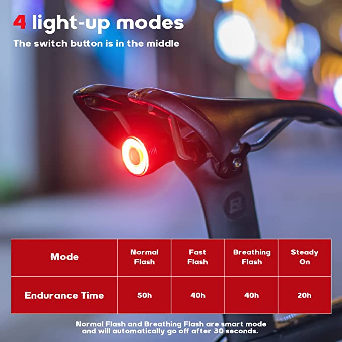 ROCKBROS Smart genopladelig cykelbaglygte 60 lumen 4 tilstande IP65 vandtæt med automatisk tænding