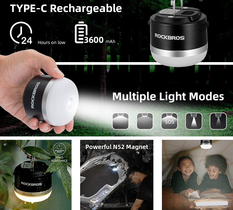 ROCKBROS Outdoor Camping Lanterne USB Lommelygter 600 Lumens IPX65 LED lys Genopladeligt batteri