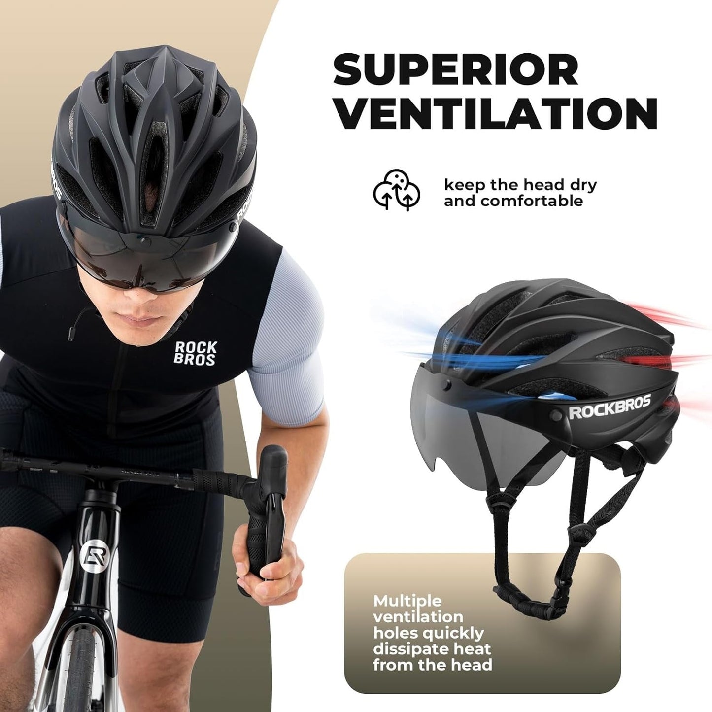 ROCKBROS voksen cykelhjelm med visir Magnetisk aftagelig åndbar justerbar til mænd og kvinder 58-62 cm