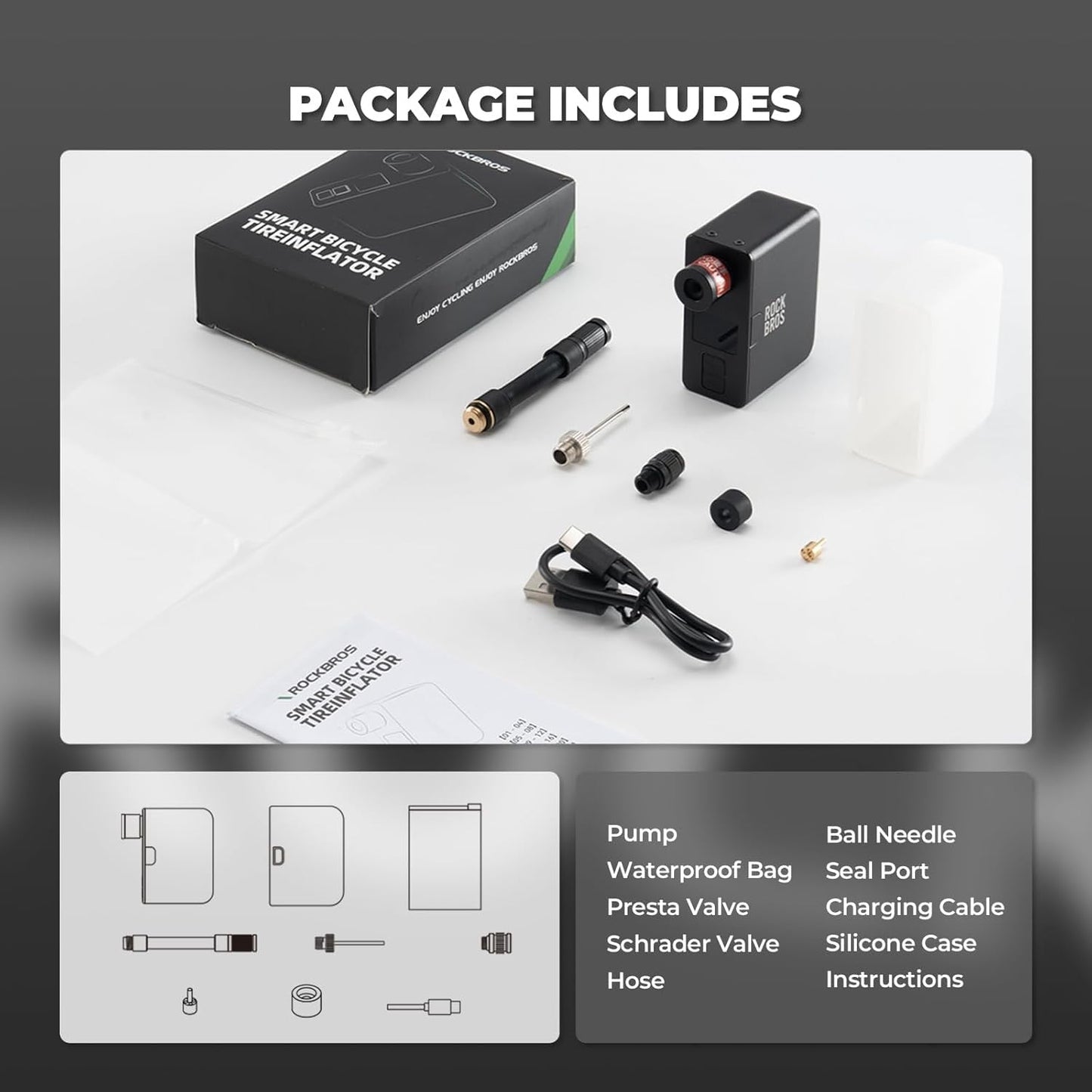 ROCKBROS elektrisk cykelpumpe 120PSI bærbare minipumper Genopladelige 450mAh Tiny E-Pump Lille kompressor