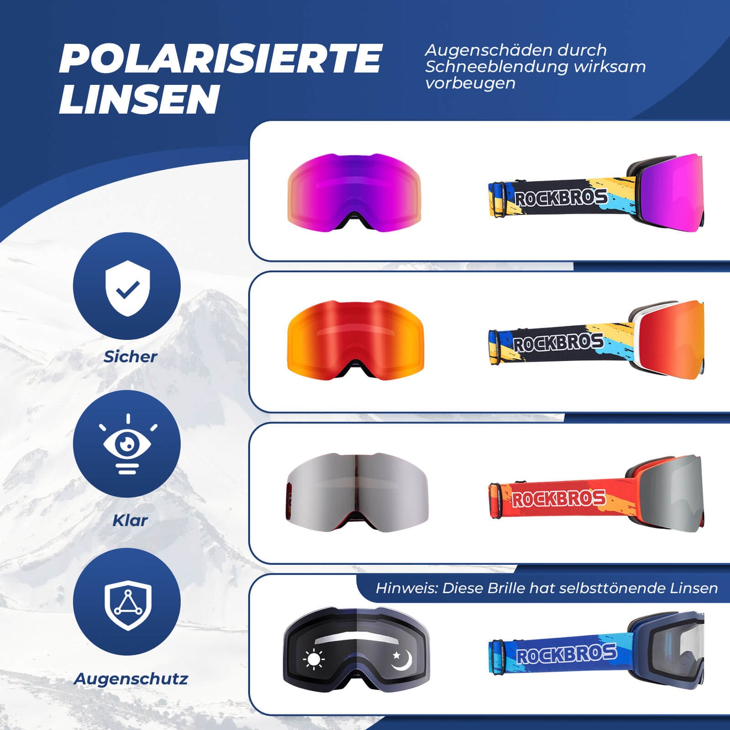 Skibriller, snebriller, polariserede, hjelmkompatible sportsbriller, skiløb, ROCKBROS