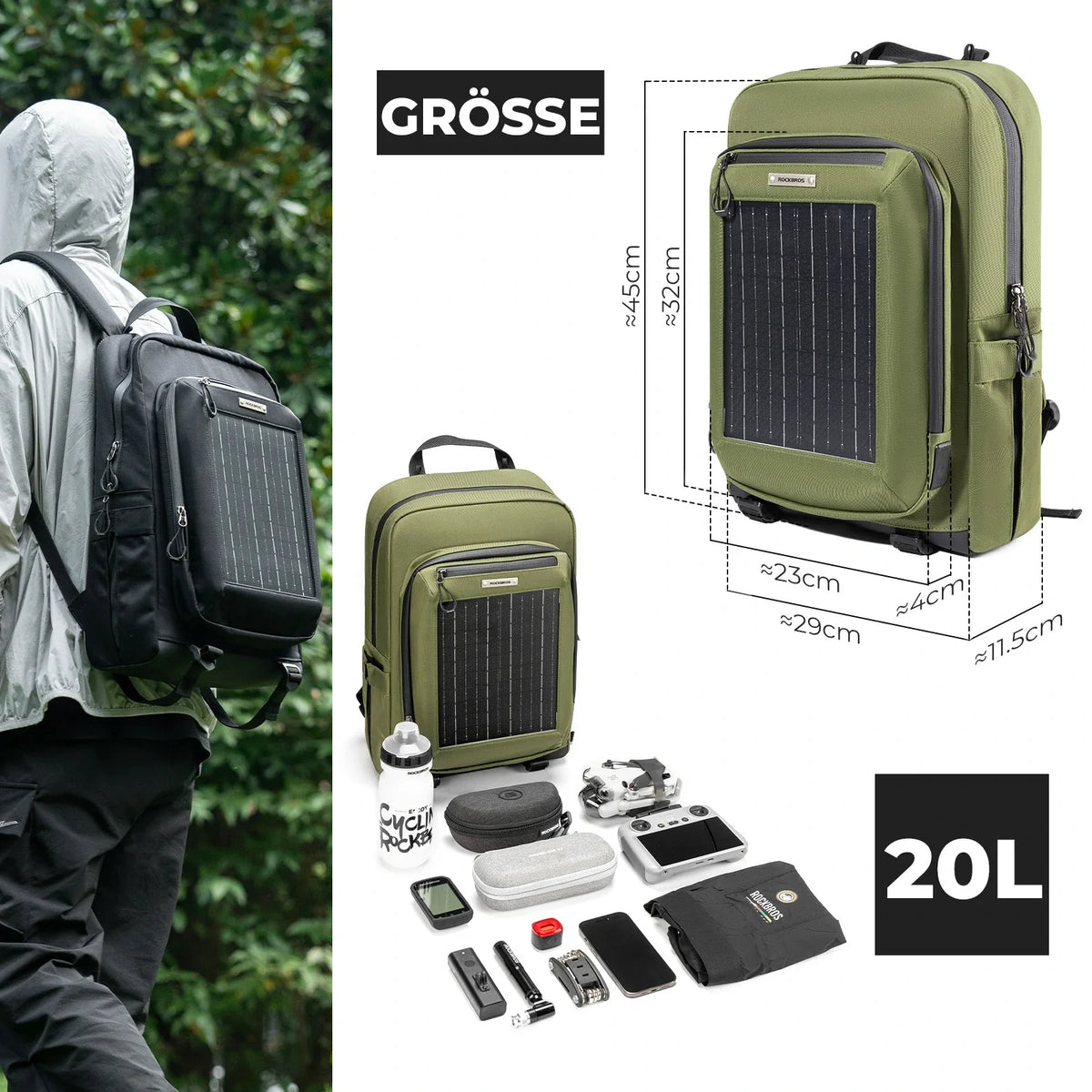 ROCKBROS Solarrygsæk Solar Rygsæk 20L med Fleksibelt Aftageligt 10V 14W