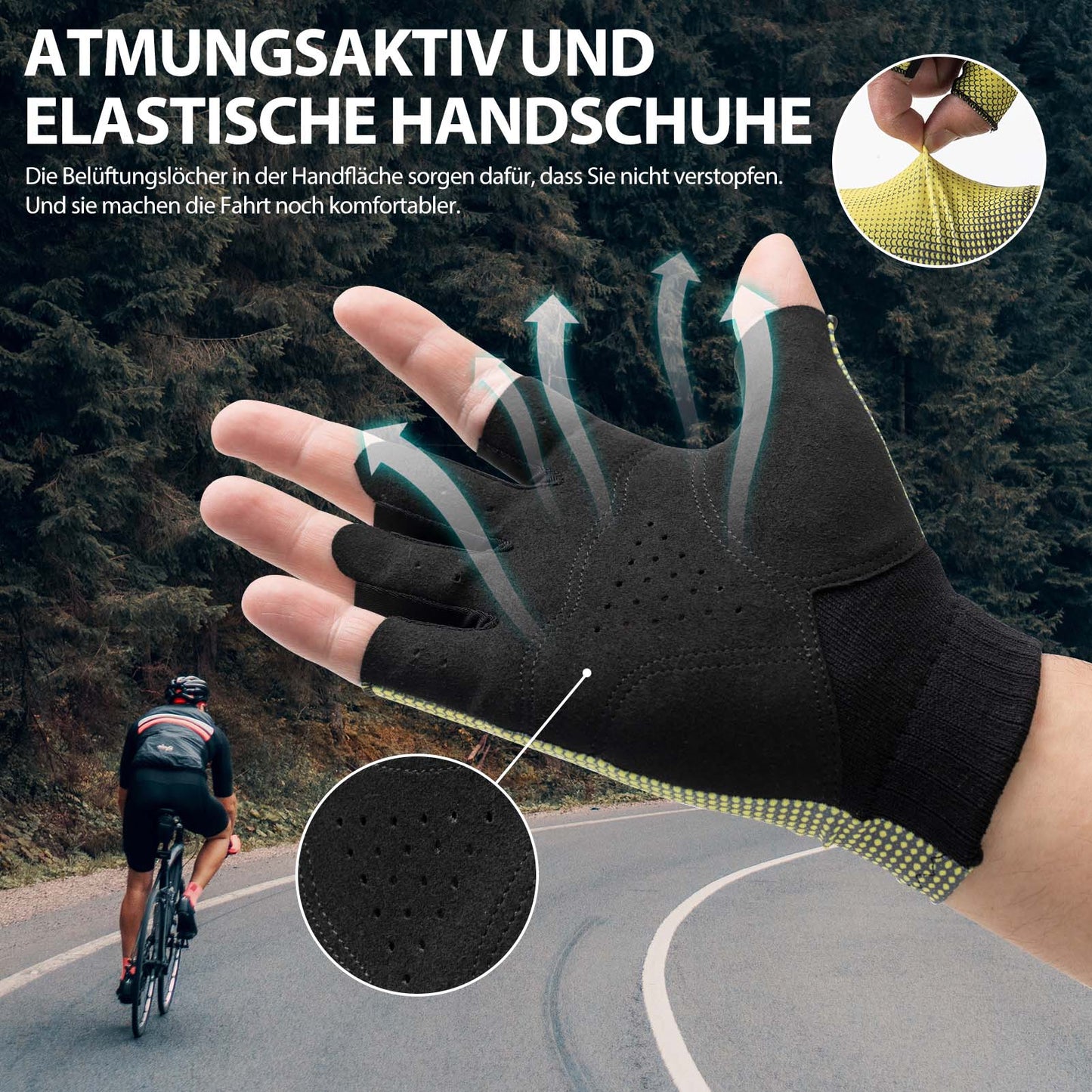 Halvfinger cykelhandsker, skridsikre, elastiske, unisex, gule, størrelser M-XXL, ROCKBROS