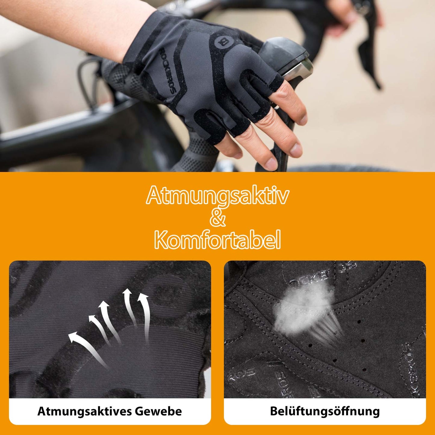 Stødabsorberende og skridsikre unisex halvfinger cykelhandsker fra ROCKBROS