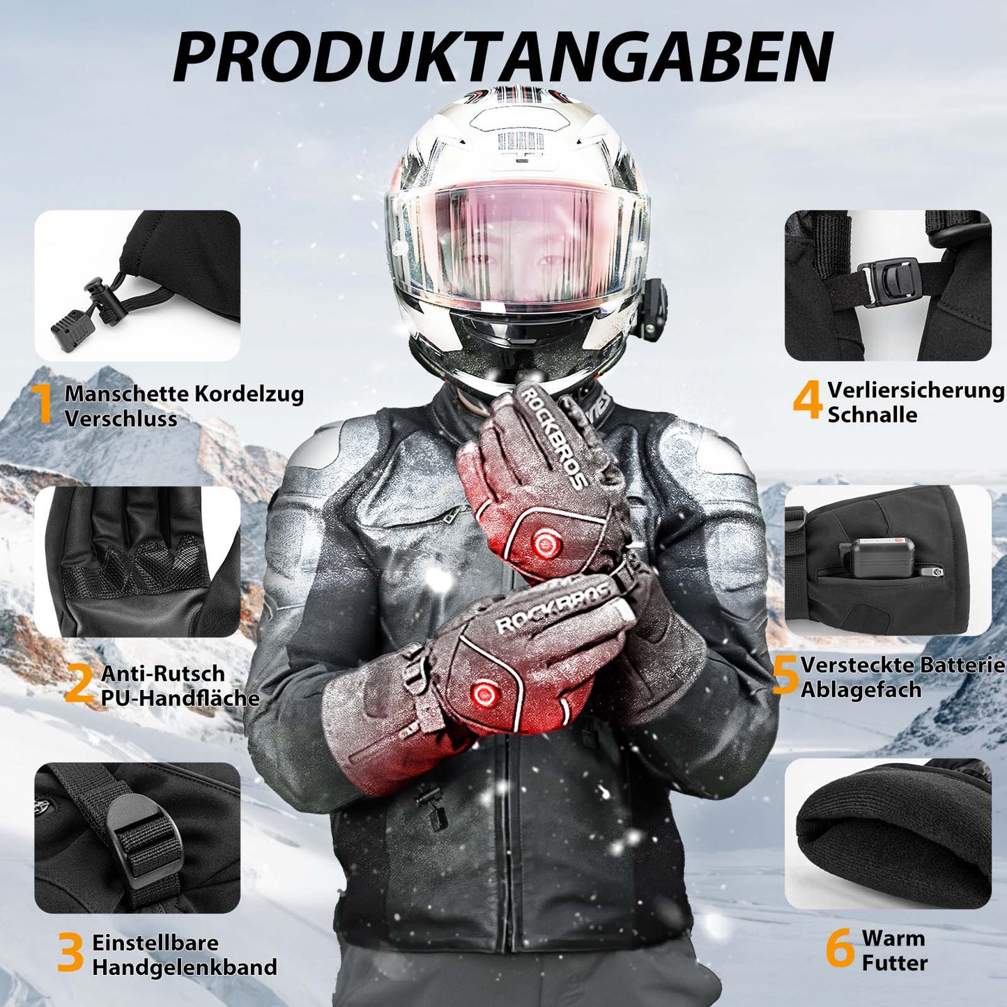 Genopladelige vinterhandsker med varme, sorte ROCKBROS