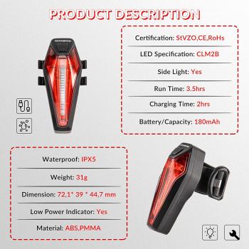 ROCKBROS cykelbaglygte IPX5 StVZO certificeret 20 lux