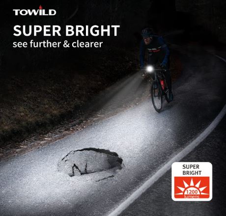 TOWILD CL1200 Garmin/GoPro Mount kompatibel 1200 4000mAh batteri Vandtæt cykellys til pendlere