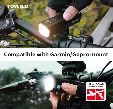 TOWILD CL1200 Garmin/GoPro Mount kompatibel 1200 4000mAh batteri Vandtæt cykellys til pendlere