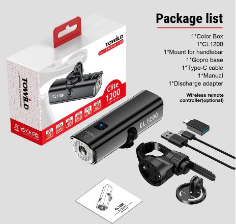 TOWILD CL1200 Garmin/GoPro Mount kompatibel 1200 4000mAh batteri Vandtæt cykellys til pendlere